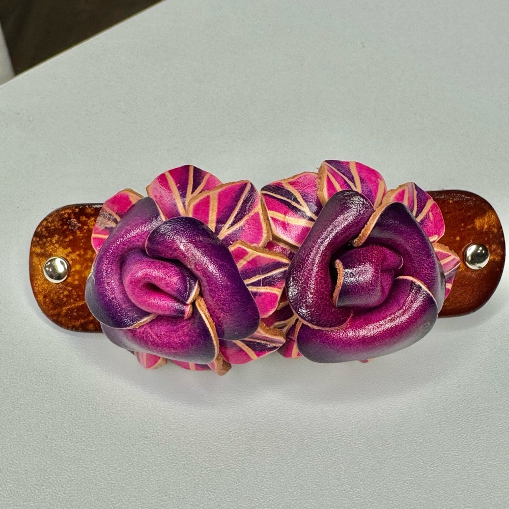 Tool leather flower hair clip barette purple pink